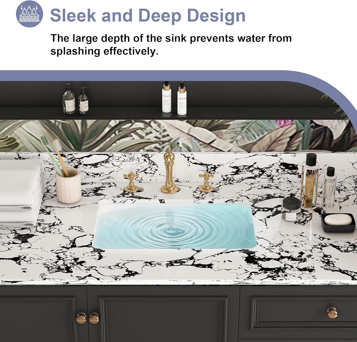 Montary 49"x 22" Artificial Marble Bathroom Vanity Top with Undermounted Ceramic Sink & Backsplash, Engineered Stone Bathroom Vanity Sink Tops with 3 Pre-Drilled Hole, Panda White