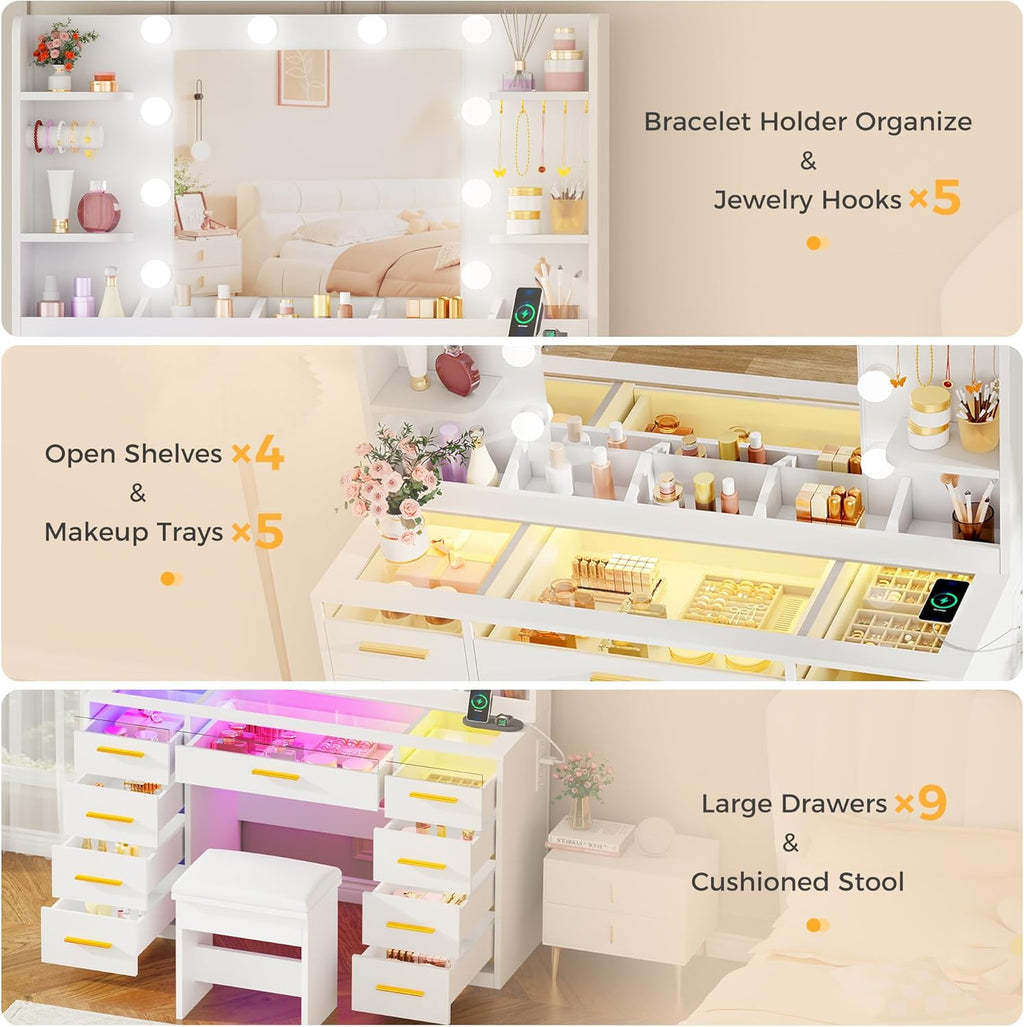 ANWBROAD Vanity Desk with Mirror and Lights 3 Colors Large Makeup Vanity Table Set Transparent Glass Top with 9 RGB Drawers, 4 Shelves Vanity Desk with Stool Power Outlet White Bedroom Women UBDT94W