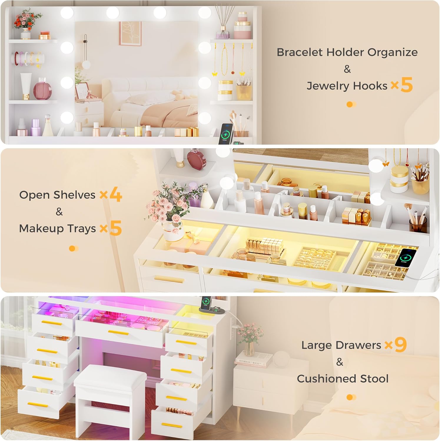 ANWBROAD Vanity Desk with Mirror and Lights 3 Colors Large Makeup Vanity Table Set Transparent Glass Top with 9 RGB Drawers, 4 Shelves Vanity Desk with Stool Power Outlet White Bedroom Women UBDT94W