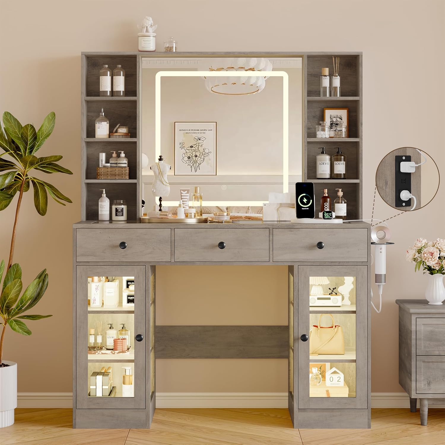 Vanity Desk with Mirror and Lights, 43" White Makeup Vanity Set with 5 Drawers & Glass Cabinets, Storage Stool, Power Outlet & Adjustable LED Lights, Dressing Table for Women & Girls Bedroom