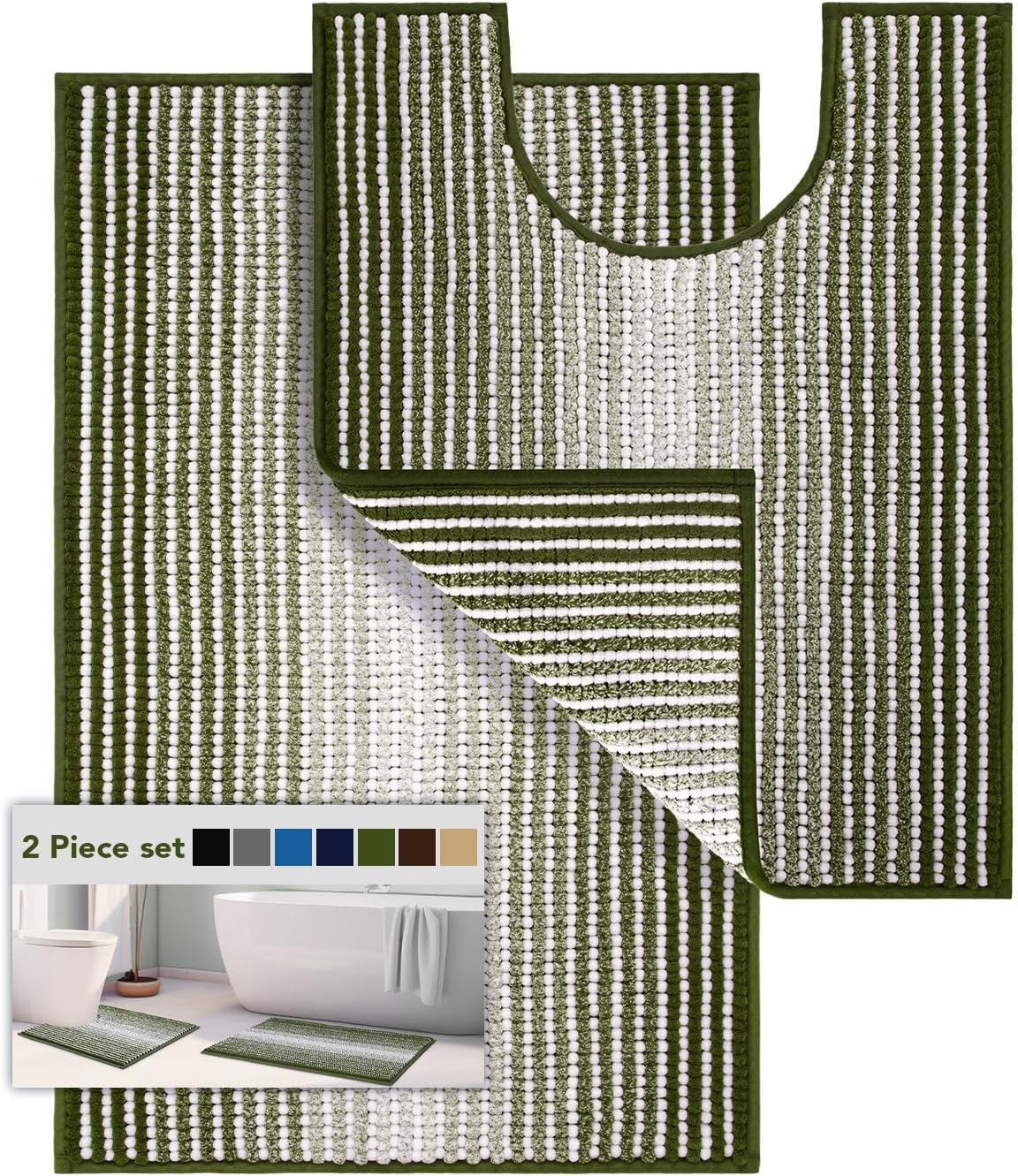 BSICPRO Bathroom Rugs and Mats Sets, 2 Piece Thick Absorbent Chenille Bath Mat Rug Set Non Slip, Soft Shaggy Bath Room Floor Mats for Bathroom, Machine Washable (Sage, 20" x 47" Plus 16" x 24")