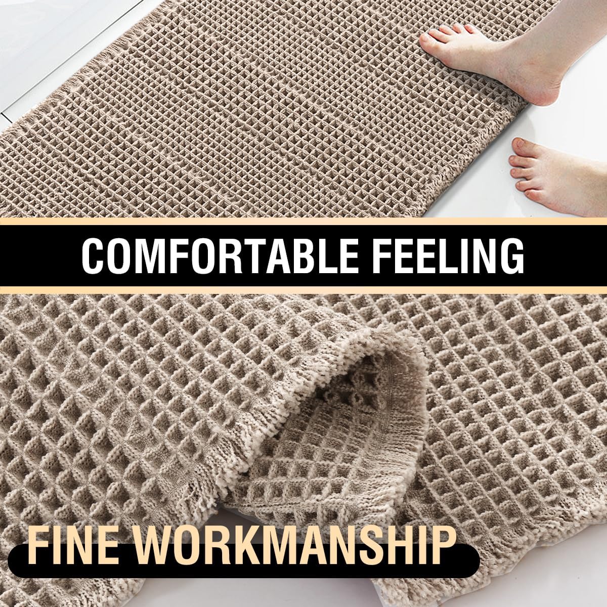 H.VERSAILTEX Waffle Bath Mat Super Absorbent Bathroom Mats Non Slip Bath Rugs for Bathroom Floor Machine Washable Ultra Soft Bathroom Rugs for Beside Tub, (32 x 20 Plus 24 x 60 - Inches, Irish Cream)