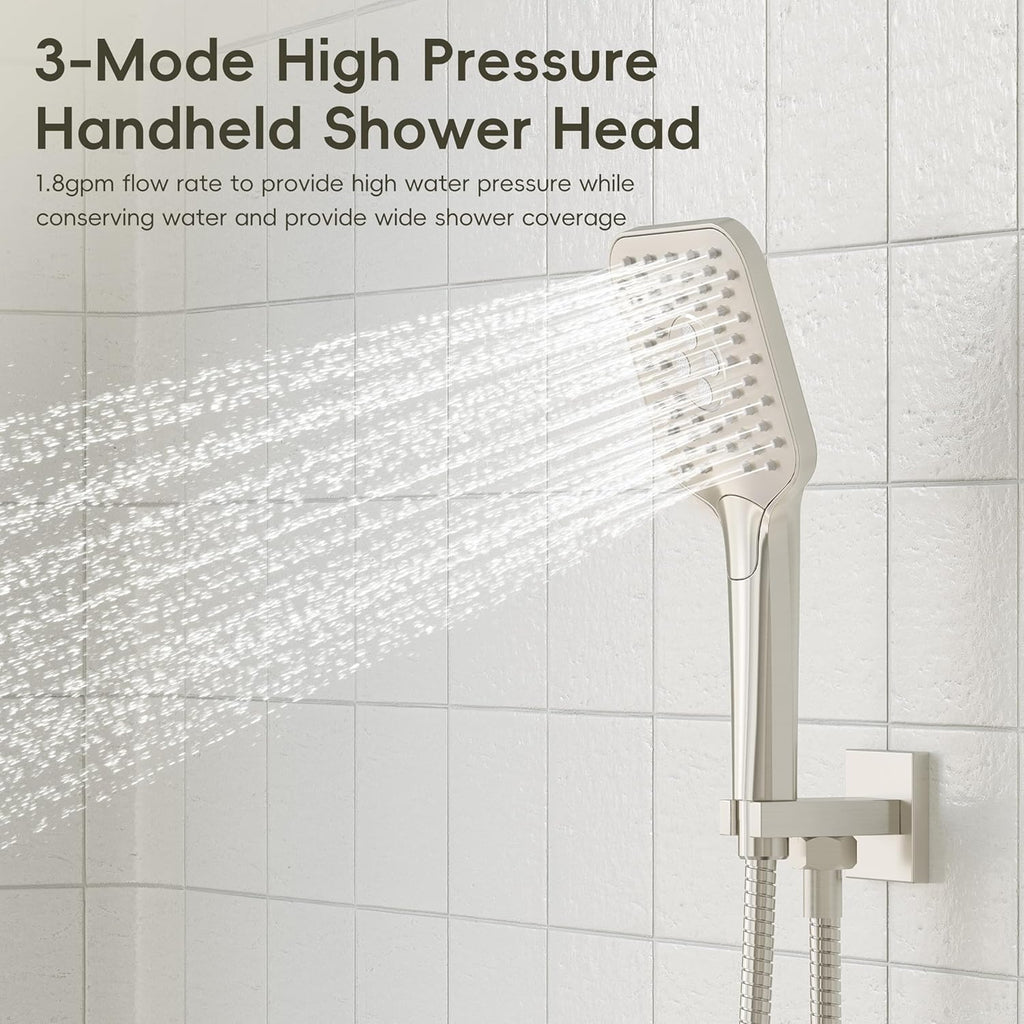 Gabrylly Shower System with Tub Spout, Wall Mounted Tub Shower Faucet Set for Bathroom with High Pressure 10" Rain Shower head and 3-Setting Handheld Shower Head Set, Brushed Nickel