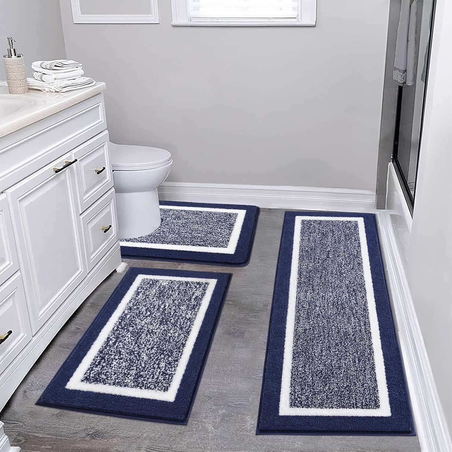 Pauwer Bathroom Rug Mat Set 3 Piece, Microfiber Shaggy Bath Set, Non-Slip Ultra Soft Carpet Mats, Absorbent with U-Shaped Toilet for Bathroom, Tub, Shower, Dark Grey