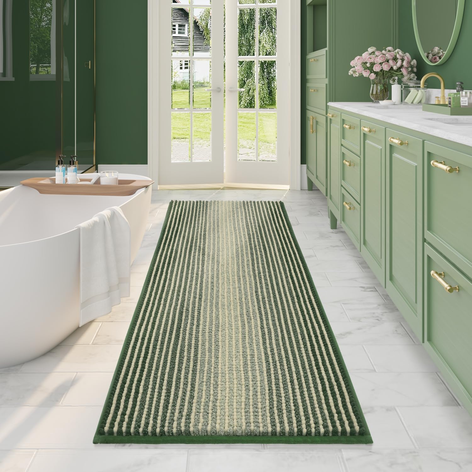 BSICPRO Bathroom Rugs and Mats Sets, 2 Piece Thick Absorbent Chenille Bath Mat Rug Set Non Slip, Soft Shaggy Bath Room Floor Mats for Bathroom, Machine Washable (Sage, 20" x 47" Plus 16" x 24")