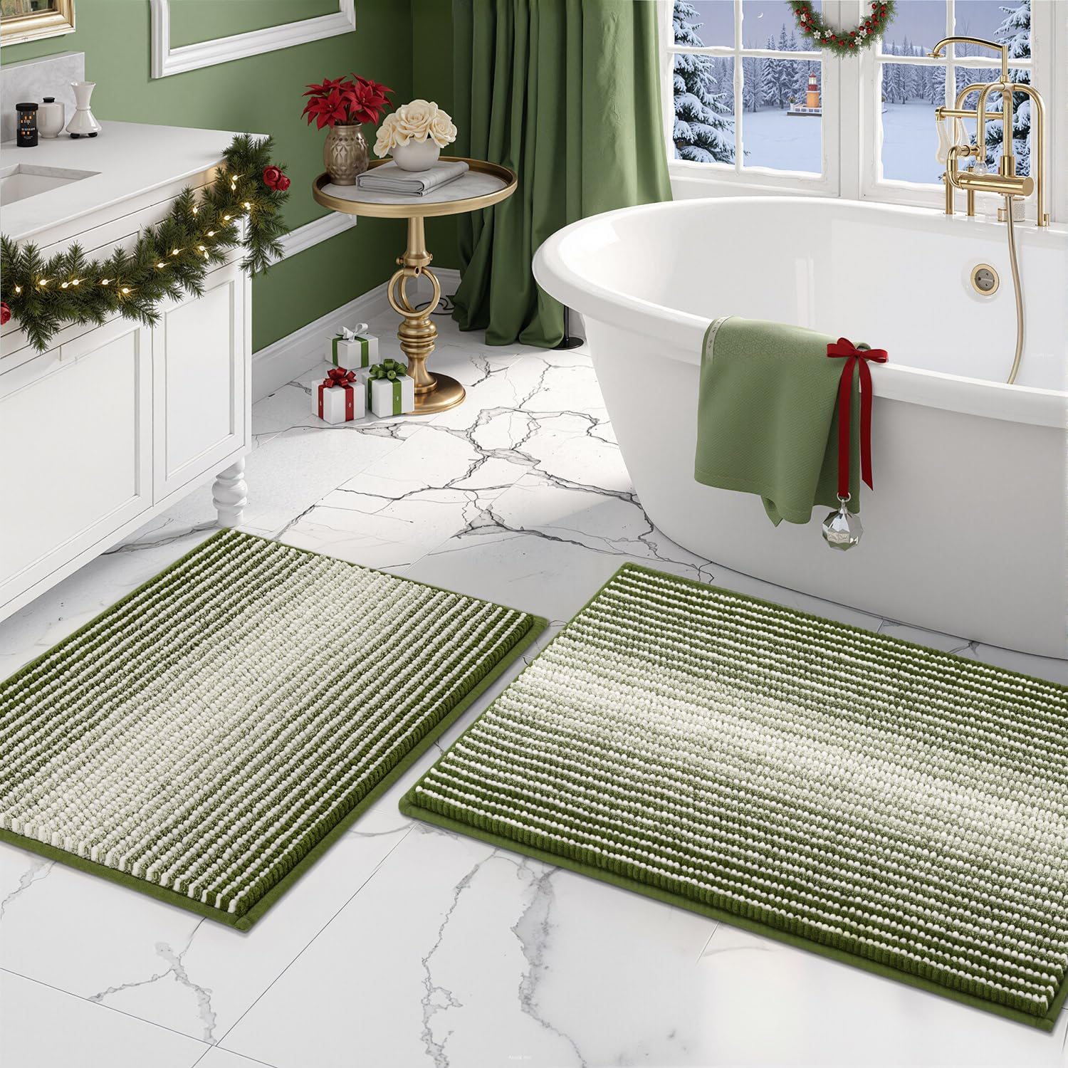 BSICPRO Bathroom Rugs and Mats Sets, 2 Piece Thick Absorbent Chenille Bath Mat Rug Set Non Slip, Soft Shaggy Bath Room Floor Mats for Bathroom, Machine Washable (Sage, 20" x 47" Plus 16" x 24")