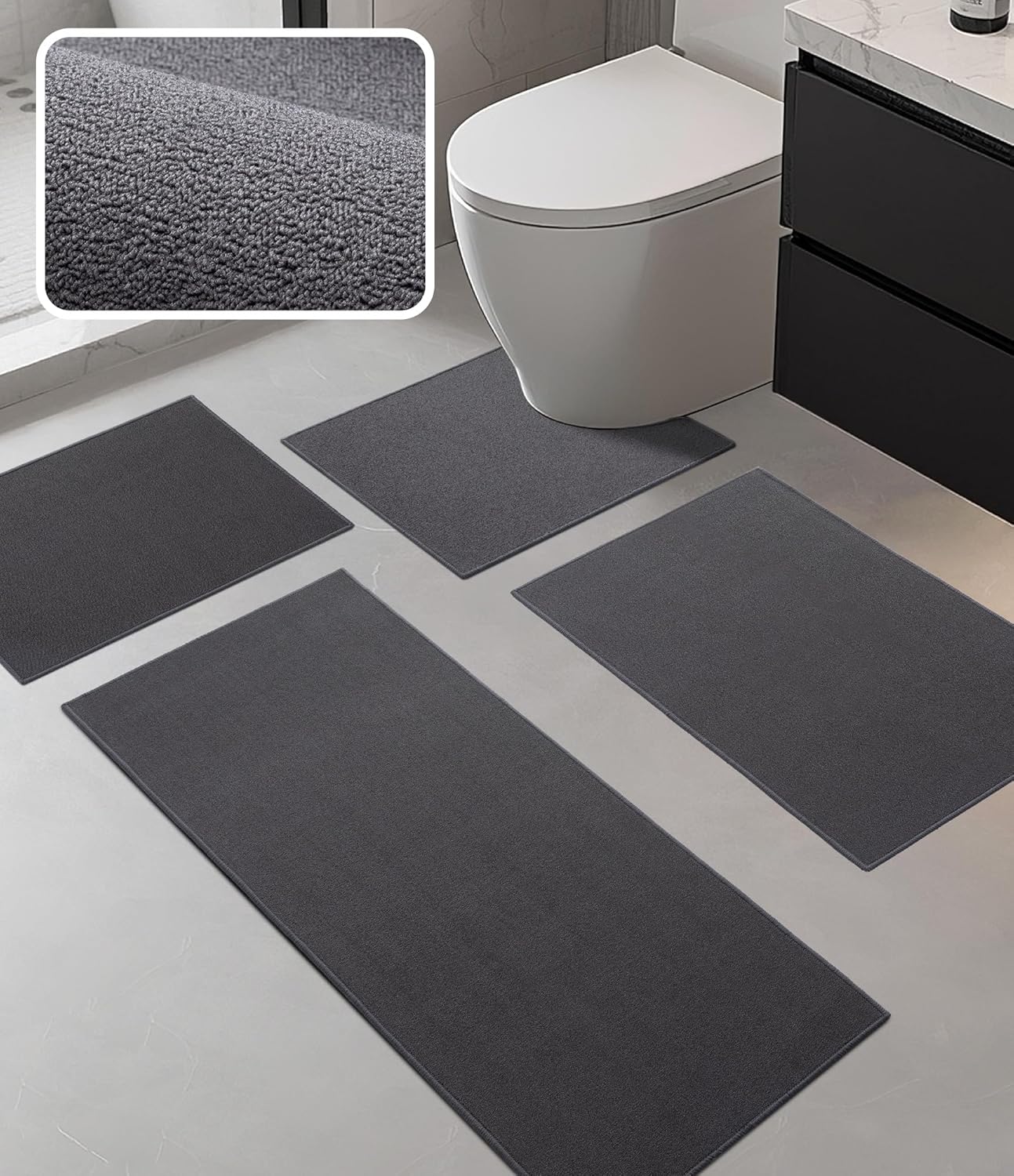 YIHOUSE Bathroom Rug Sets 2 Piece, Ultra Thin Bath Mat Fit Under Door, Quick Dry Absorbent Bath Mat for Bathroom Non Slip Machine Washable Floor Mat (Black, 2 Piece)