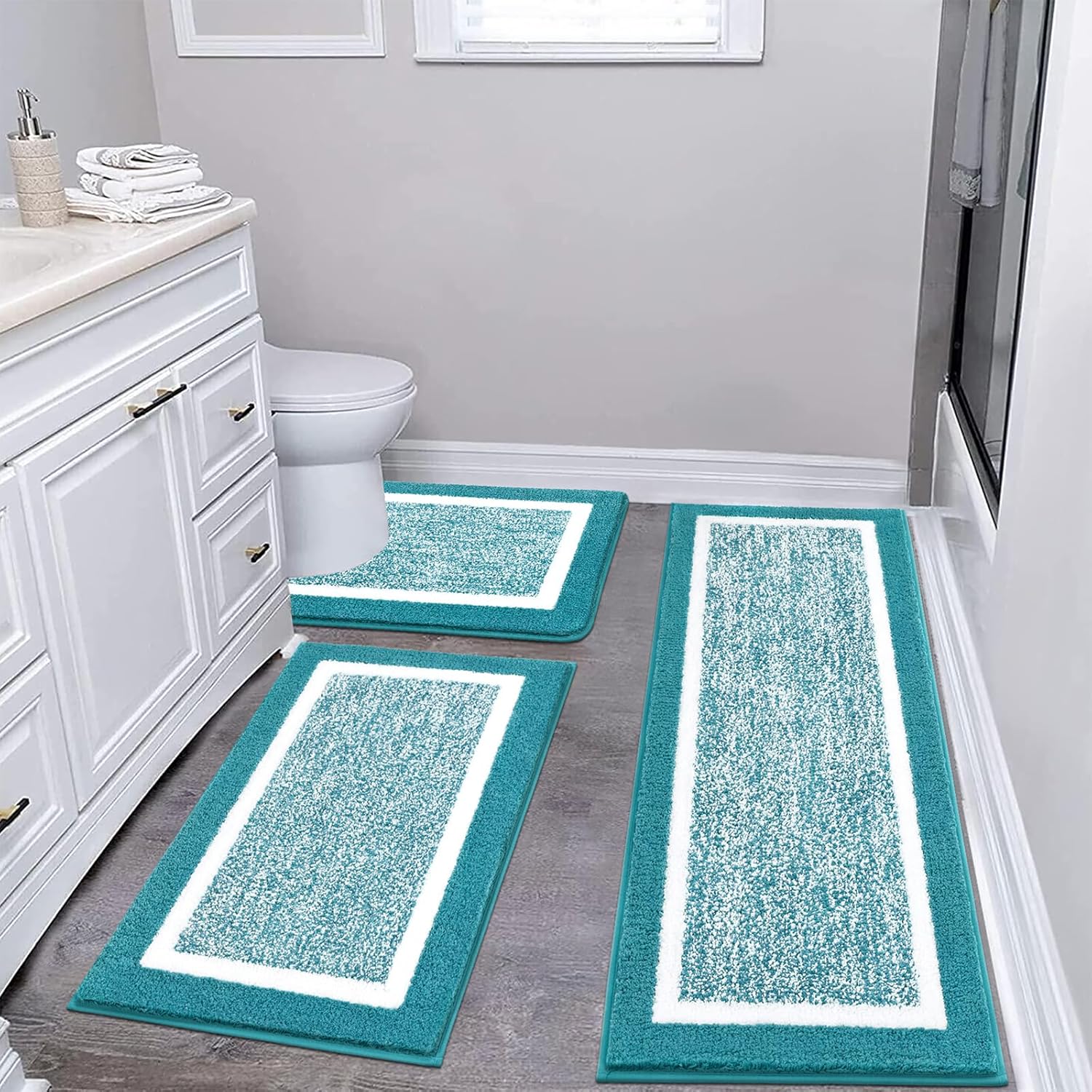 Pauwer Bathroom Rug Mat Set 3 Piece, Microfiber Shaggy Bath Set, Non-Slip Ultra Soft Carpet Mats, Absorbent with U-Shaped Toilet for Bathroom, Tub, Shower, Dark Grey