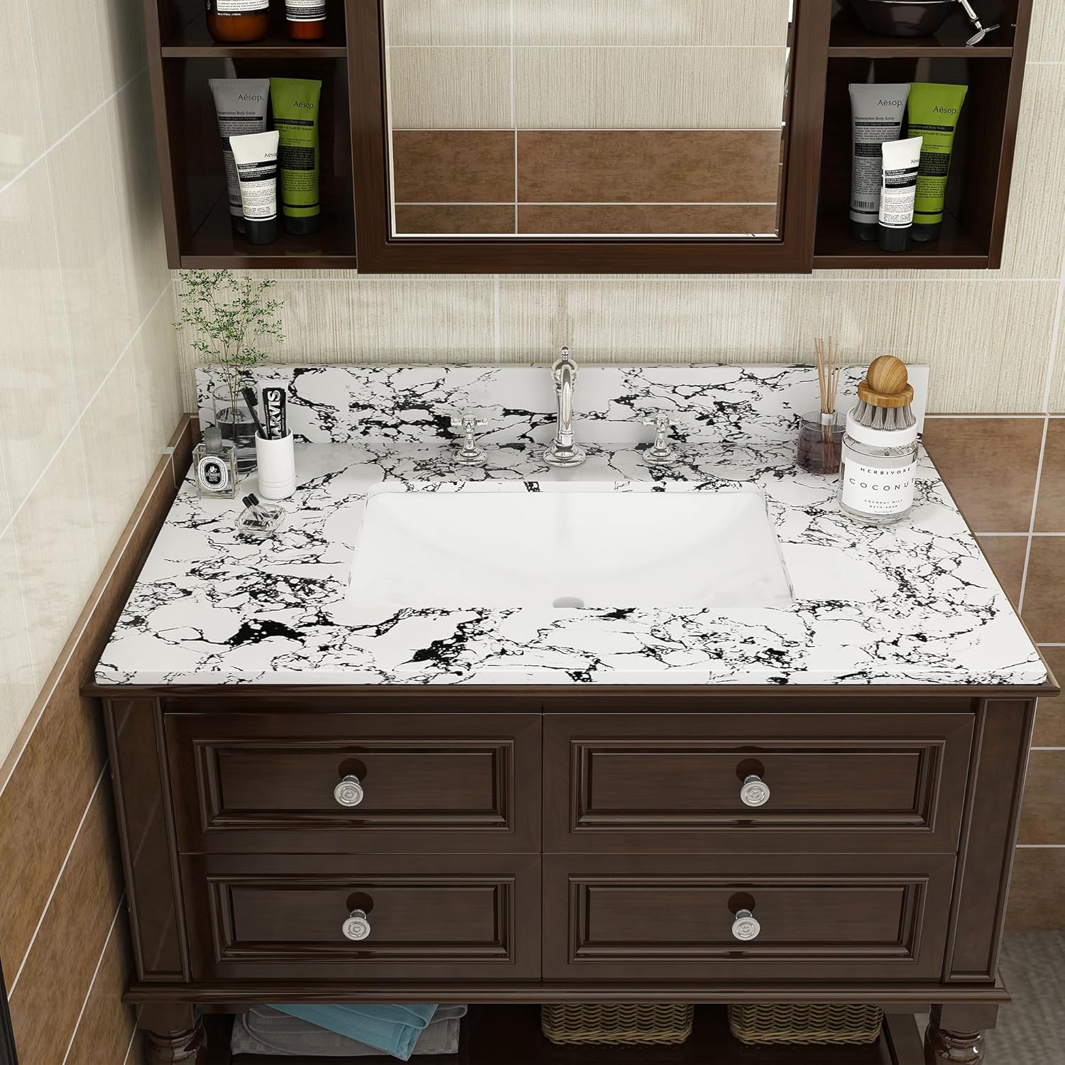 37" Bathroom Vanity Top with Ceramic Undermount Sink & Backsplash,Calacatta Gold Sintered Stone Counter Top, 3 Holes Vanity Sink Top