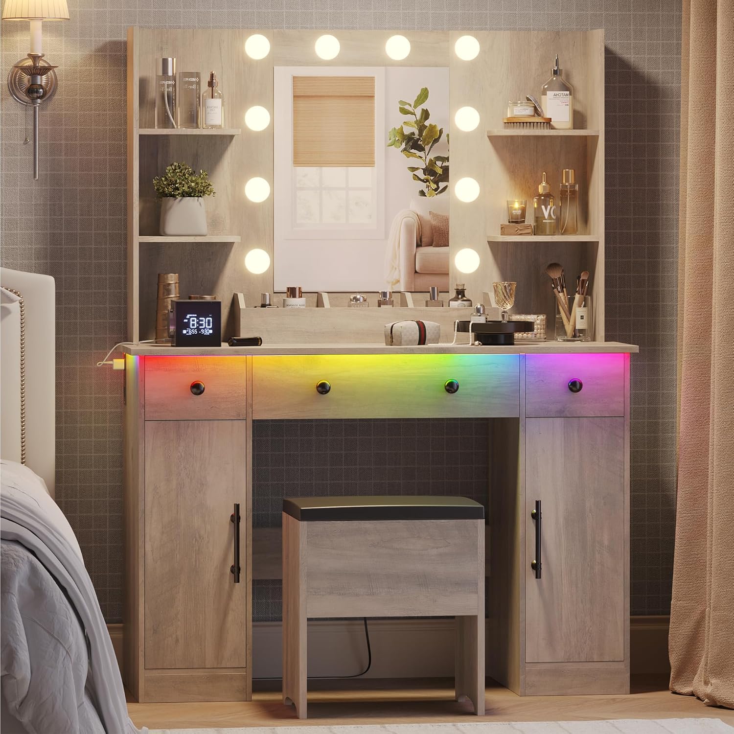 Vanity Desk with Mirror and Lights, 43" White Makeup Vanity Set with 5 Drawers & Glass Cabinets, Storage Stool, Power Outlet & Adjustable LED Lights, Dressing Table for Women & Girls Bedroom