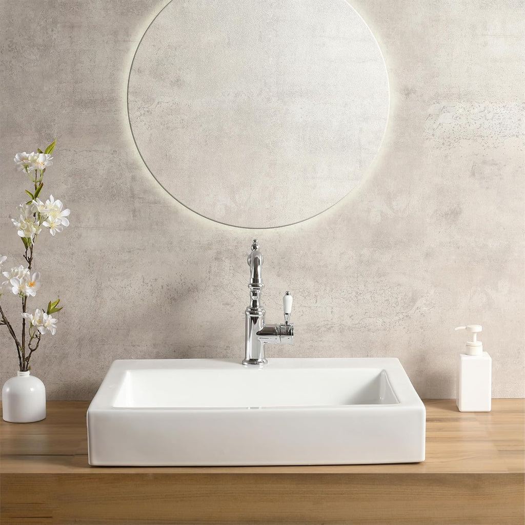 24 x18 Inch Rectangular White Bathroom Vessel Sink, Above Counter Porcelain Ceramic Sinks,Vanity Lavatory Bath Countertop Bathroom Sinks Bowl Basin with Faucet Hole(LA-4427)